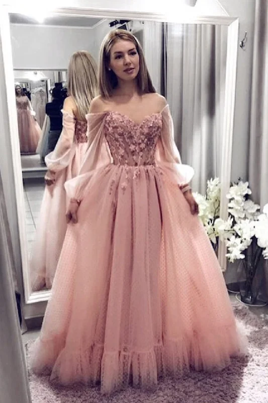 Inventory Reduction Off the Shoulder Blush Pink Tulle Floral Appliques Prom Gown With Long Sleeves