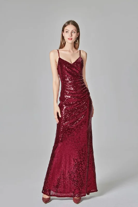 Hot Deal Spaghetti Straps Burgundy Sequins Prom Dresses Party Dresses XU90811