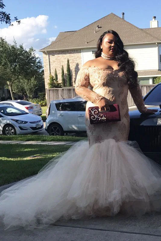 Year-End Clearance Mermaid Off-the-Shoulder Long Sleeves Applique Court Train Tulle Plus Size Dresses N2226