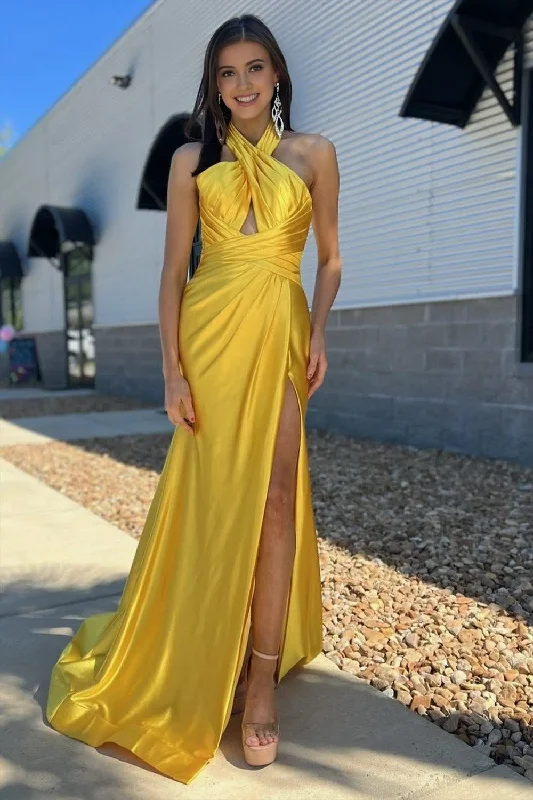 Deal Zone Yellow Halter Satin Mermaid Long Prom Dress With Slit