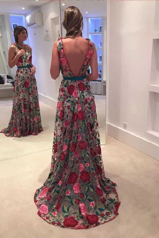 Best Bargains A-Line Sleeveless Embroidery V Back Long Prom Dresses N1560