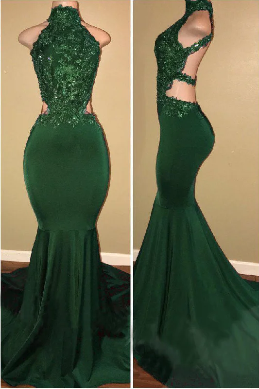 Value Deals Green High Neck Sleeveless Mermaid Long Prom Dresses with Appliques Sexy Party Dresses N1585
