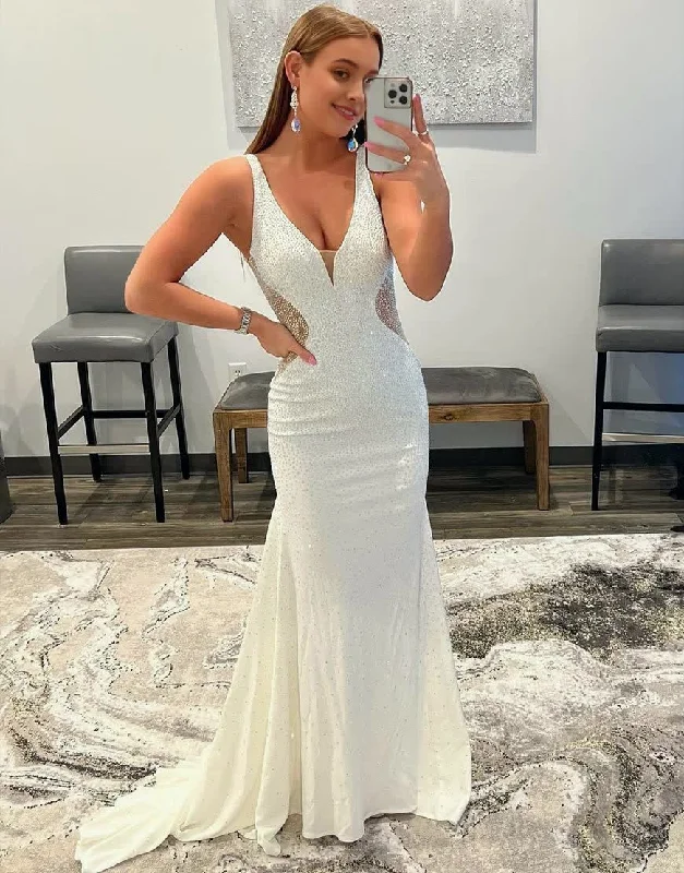 Deal Alert White Mermaid Beaded Prom Dress