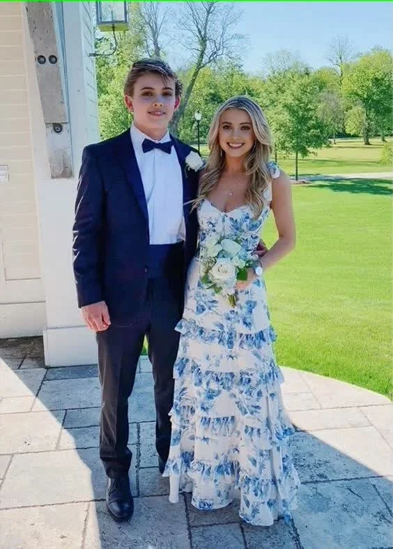 Deep Discounts Blue Sweetheart A Line Long Floral Prom Dress