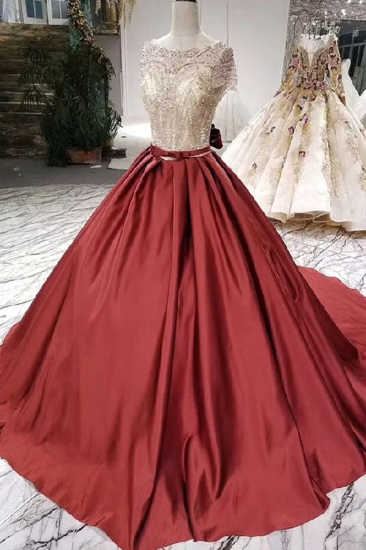 Online Exclusive Ball Gown Satin Prom Dress with Beading Long Formal Dress with Short Sleeves N1892