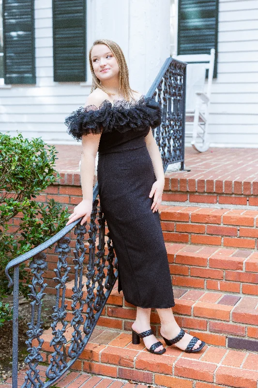 Final Sale Off-the-Shoulder Black Midi Dress by Entro Clothing