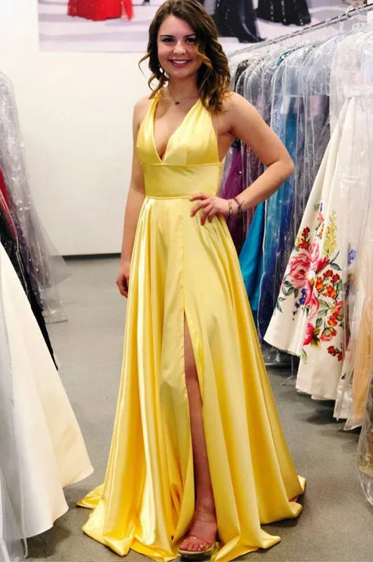 Closeout Sale Yellow Deep V-Neck Sleeveless Split Sweep Train Prom Dresses Long Formal Dresses with Slit N1710