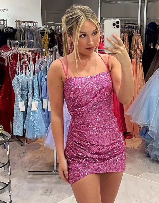 Special Discount Glitter Sequin Spaghetti Straps Party Dress With Pleating