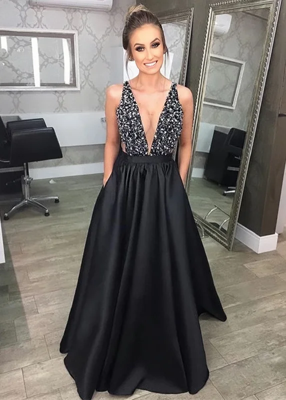 The Best Prices Sparkly Black V-Neck Beading A Line Satin Party Dresses with Sheer Back N1574