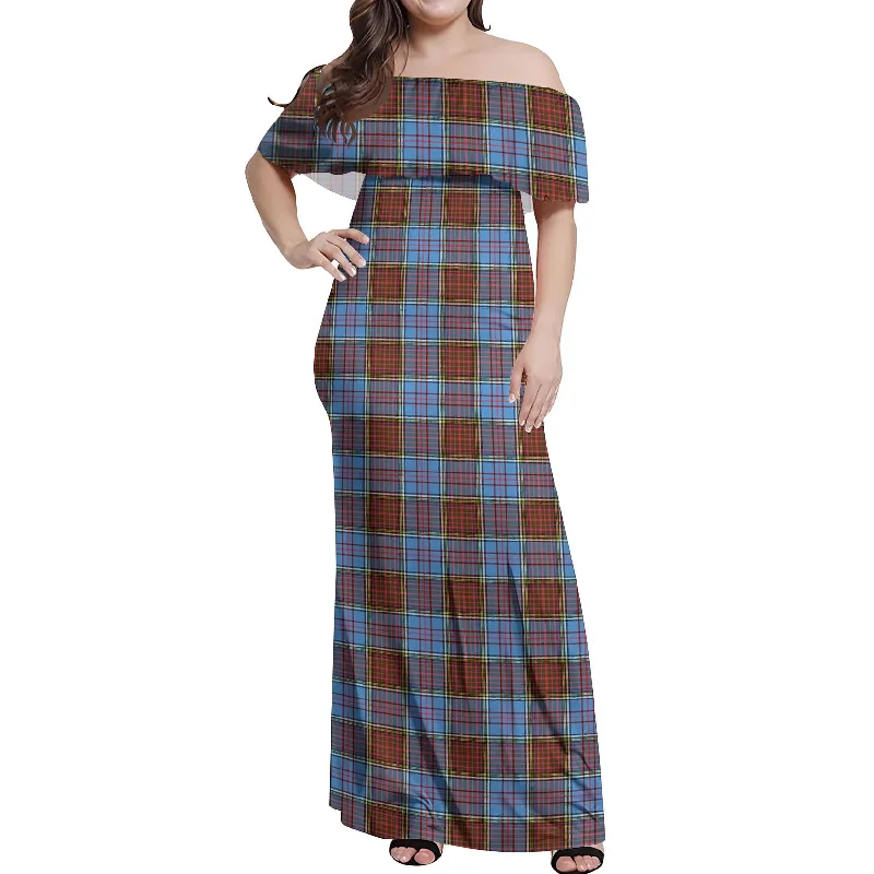 Savings Galore Anderson Modern Tartan Off Shoulder Long Dress