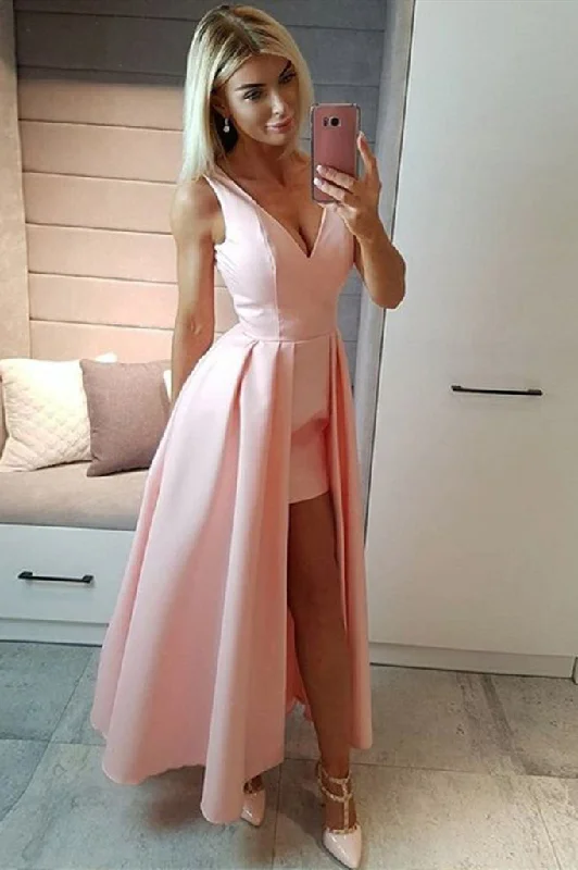 Crazy Deals Unique Pink High Low V-Neck Prom Dresses Simple Sleeveless Long Formal Dresses N1684