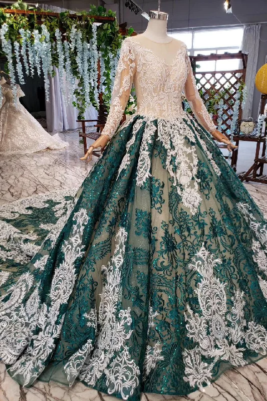 Fantastic Offers Green Long Sleeves Ball Gown Lace Prom Dresses with Appliques Long Prom Gown N2198