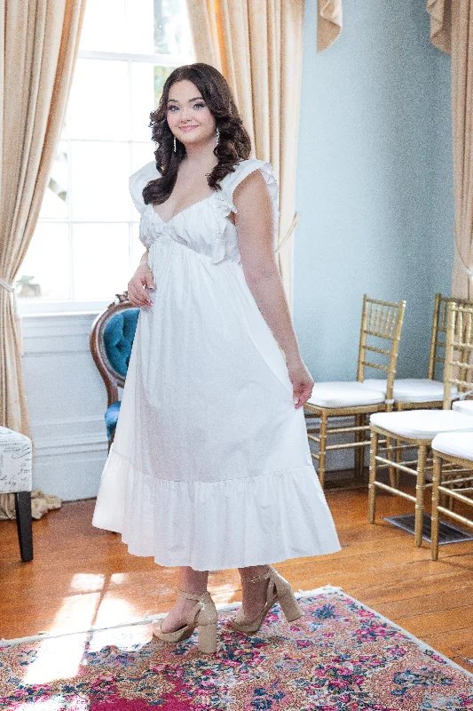 Special Promotion Flutter Sleeve Sweetheart Neck White Maxi Dress by She + Sky