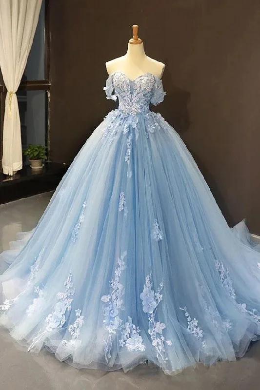 Don't Miss Light Sky Blue Off the Shoulder Ball Gown Tulle Prom Dresses with Applique N2106
