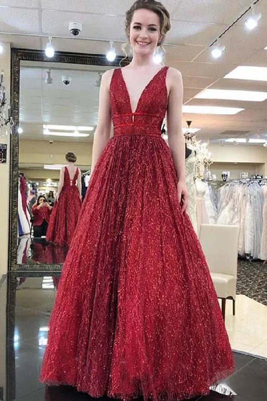 Low Prices Beautiful Deep V-Neck Dance Dress A Line Sleeveless Long Prom Dress N1592