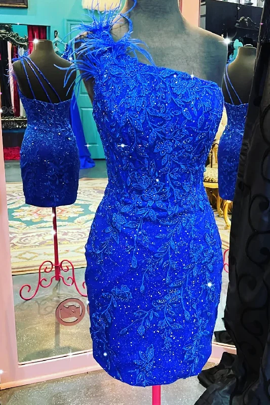 Price Cut Glitter Royal Blue One Shoulder Lace Short Homecoming Dresses with Feather
