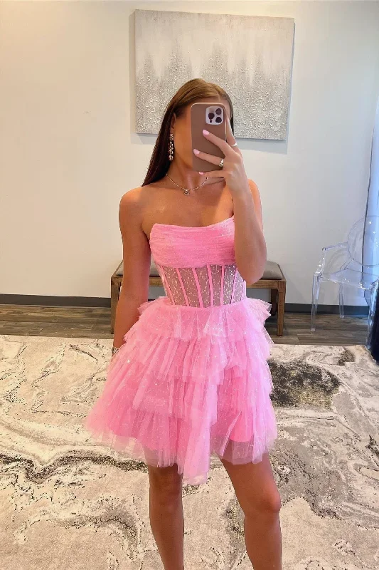Fantastic Offers Pink Sparkly Strapless Multi-Layers Tulle Homecoming Dress
