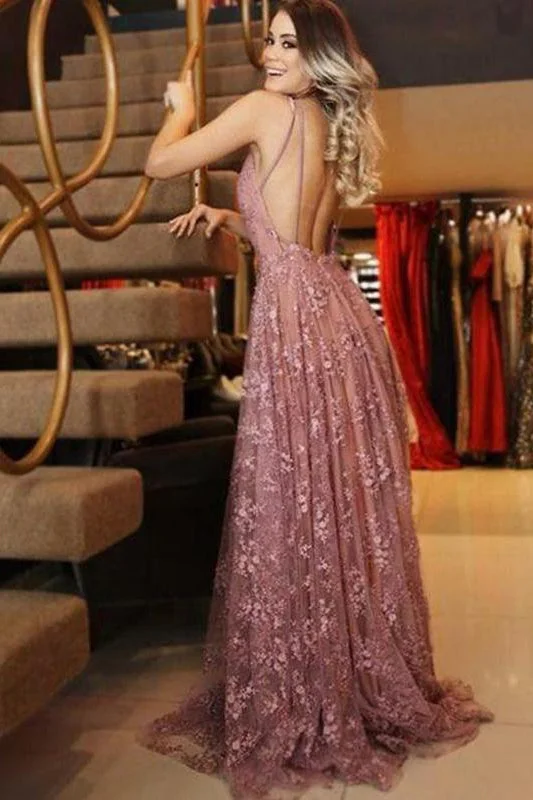 Big Savings Sexy Long Lace Prom Dresses A Line Deep V Neck Sleeveless Formal Dresses N1622