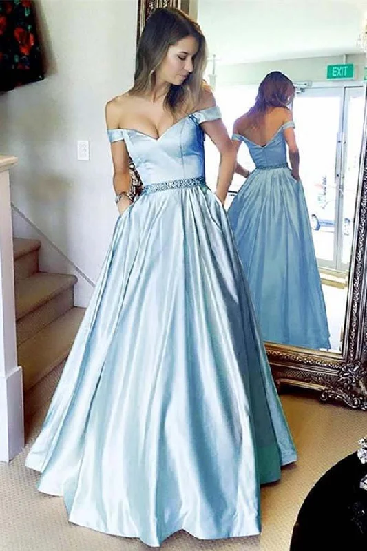 Special Savings Light Blue Off the Shoulder Satin Prom Dresses with Beading  Long Formal Dresses N1566