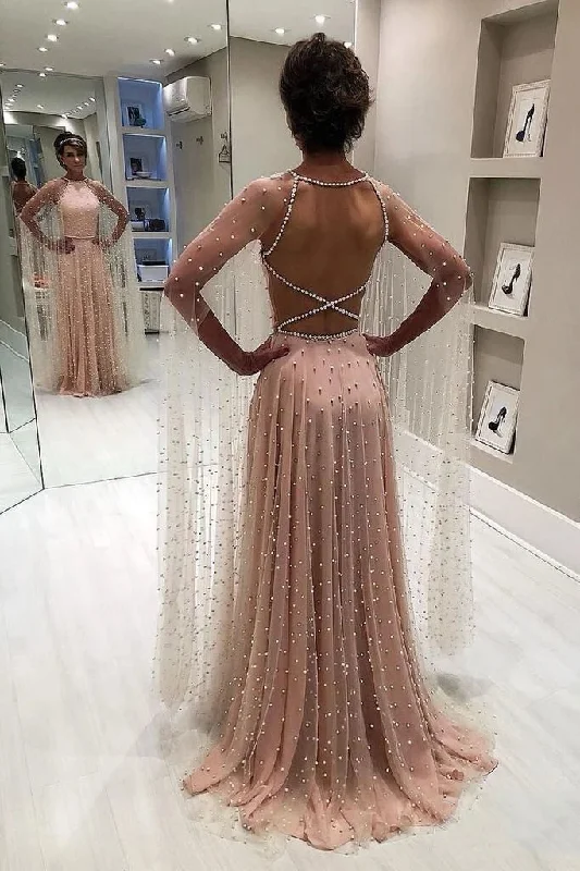 Midnight Madness Unique A Line Open Back Sleeveless Long Prom Dresses with Pearls