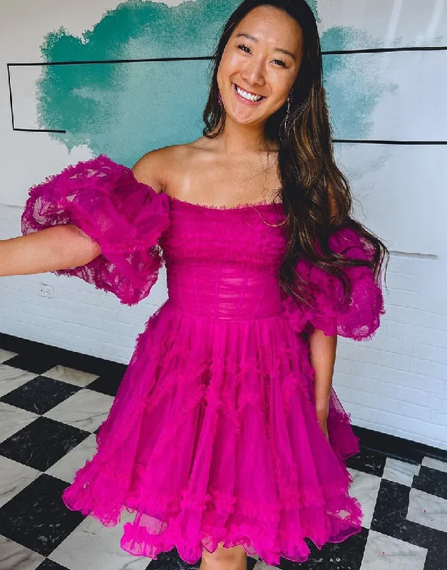 Members Only Fuchsia A-Line Off The Shoulder Short Tulle Party Dress