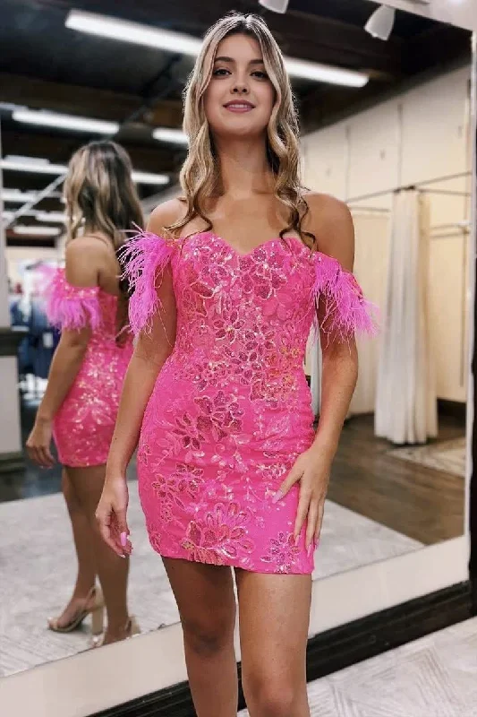 Super Sale Bodycon Lace Feathers Off-the-Shoulder Short with Sequin Appliques Homecoming Dresses