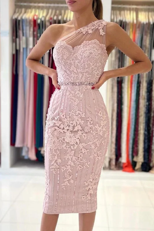 Final Markdown Pink One Shoulder bodycon Homecoming Dress With Belt