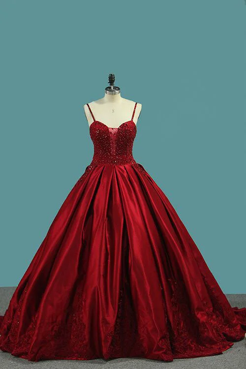 Final Clearance Red Spaghetti Strap Satin Puffy Prom Dresses with Crystals Beading Gorgeous Formal Dresses N1558