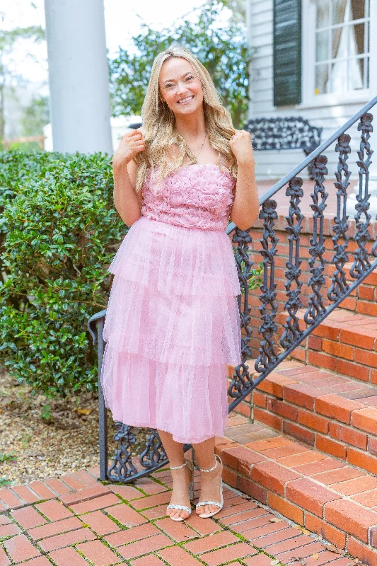 Major Savings Rosette Detail Tiered Tulle Midi Wedding Guest Dress by She + Sky
