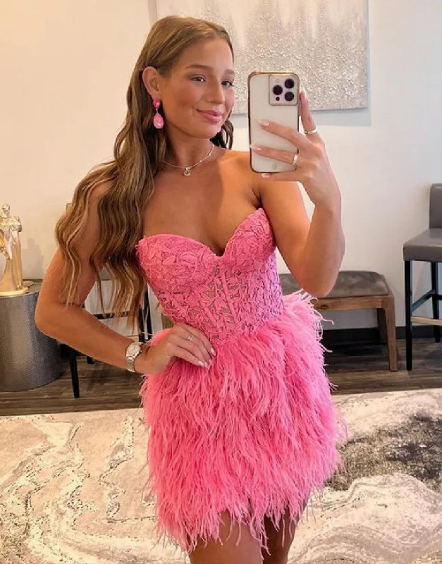 Special Price Fuchsha Sweetheart Lace Homecoming Dress With Feather