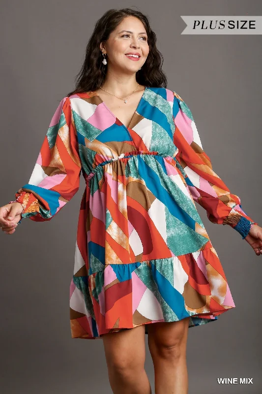 Steals and Deals Abstract V-Neck Tiered Printed Dress in Plus Size by Umgee Clothing