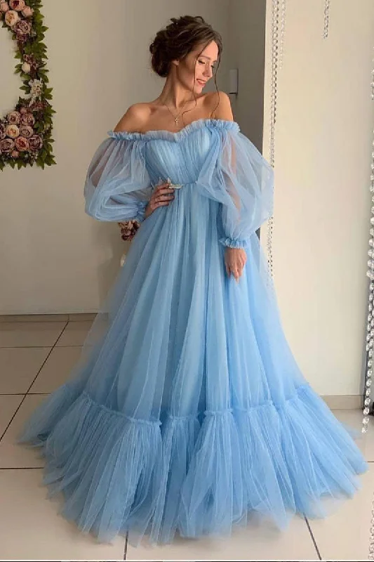Deal Dash A Line Off the Shoulder Long Sleeves Tulle Blue Ruffle Prom Dresses