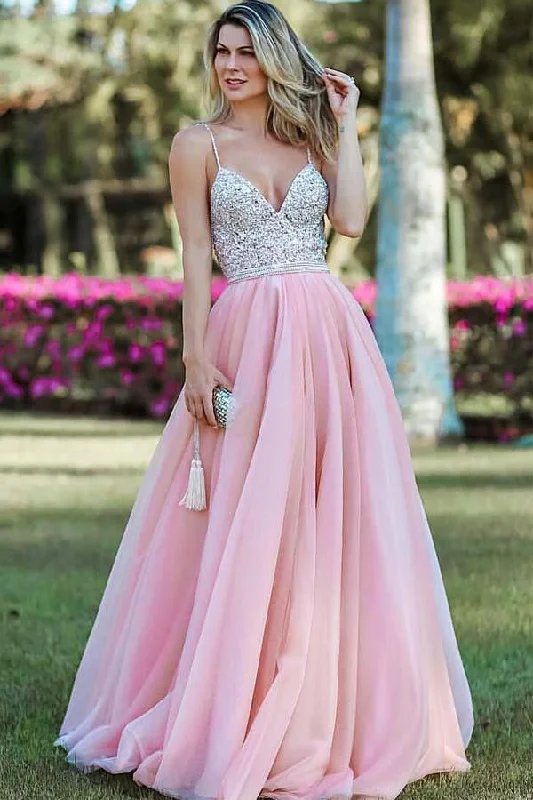 Unmissable Offer Pink Spaghetti Strap Beading Tulle Prom Dresses Sexy Backless Long Evening Dresses N1573