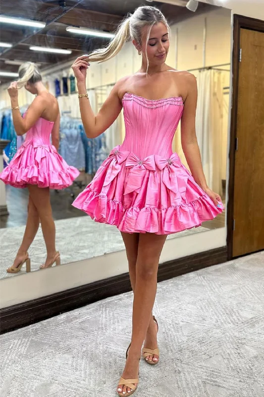 Epic Deals Black A-Line Strapless Short Satin Homecoming Dress With Bowknot