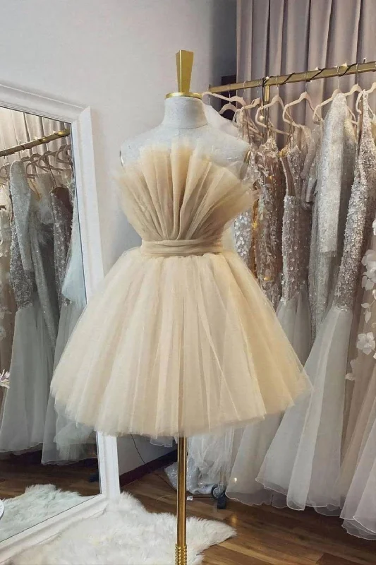 Incredible Offers Champagne Tulle Short Homecoming Dress With Bow Back