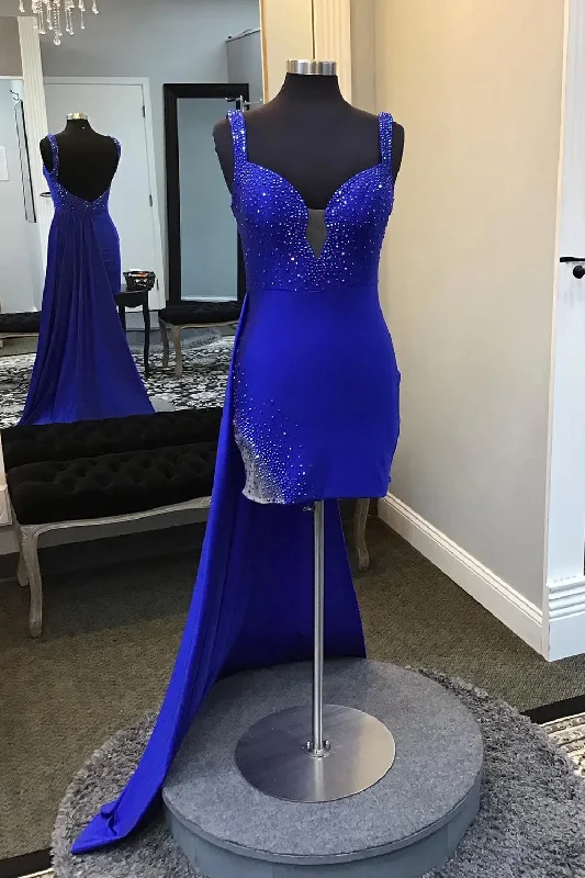 One-DAY Sale Royal Blue Spaghetti Straps Beaded Bodycon Homecoming Dress with Open Back