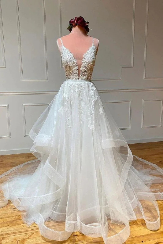 Early Access Charming A Line Spaghetti Straps White Bridal Dress with Appliques