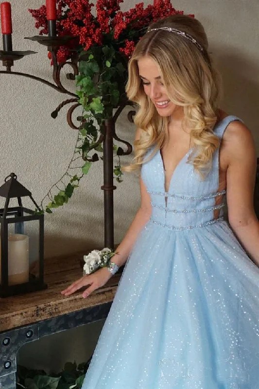 Hurry In Sparkly Light Blue V-Neck Sleeveless Princess Prom Dresses