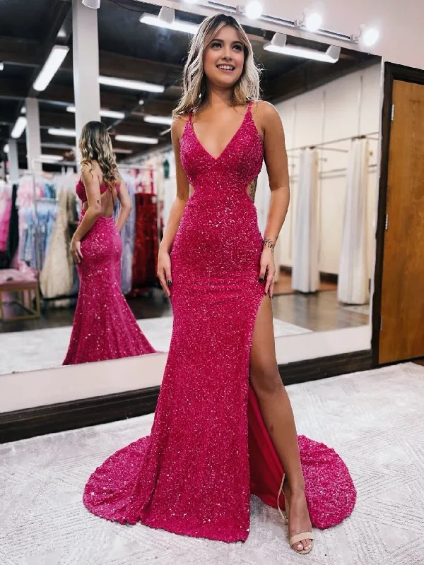 Deal Dash Glitter Red Mermaid V Neck Cut Out Prom Dress with Slit