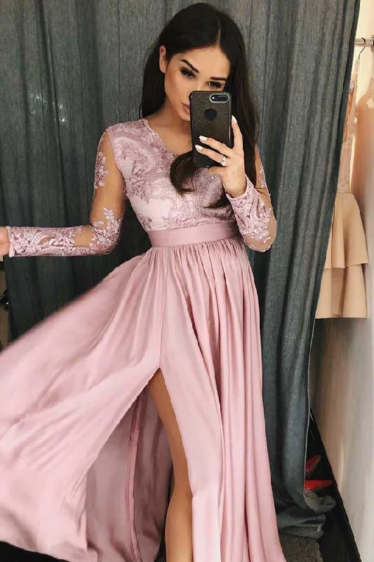 Unmissable Offer Simple Pink V-Neck Lace Long Sleeves Prom Dress with High Split N1732