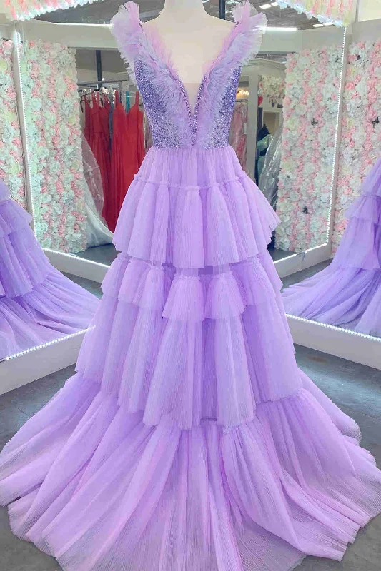 Limited Time Discount Sequin Top Lavender Tiered Tulle Long Formal Dress
