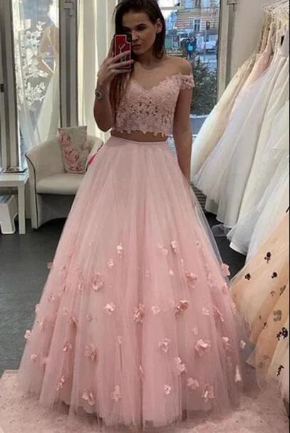 Exclusive Savings Two Piece Floor Length Tulle Prom Dresses with Lace Long Off the Shoulder Dresses with Flower N2096