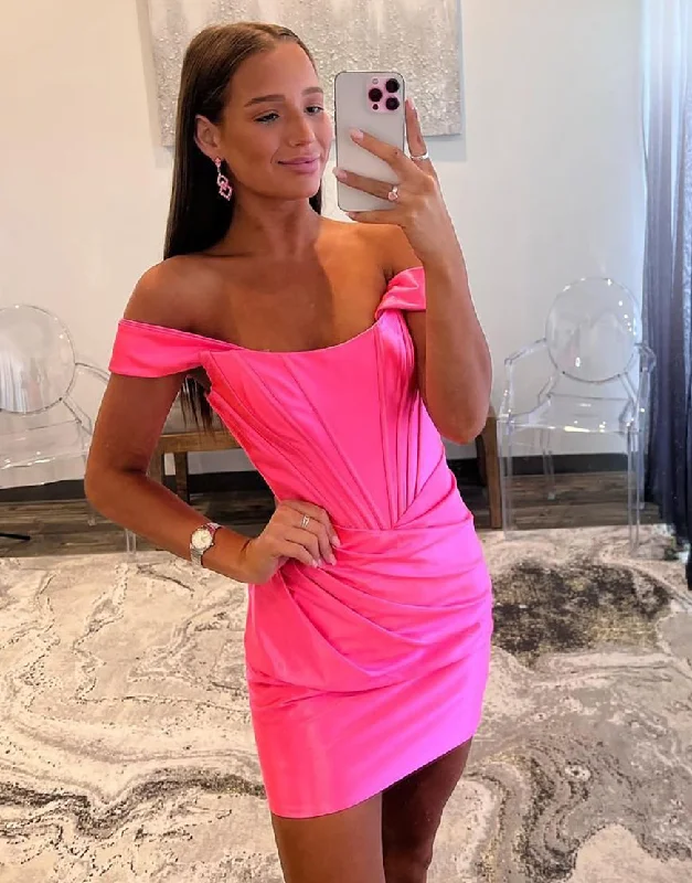 Special Savings Bodycon Off The Shoulder Satin Homecoming Dress With Pleating