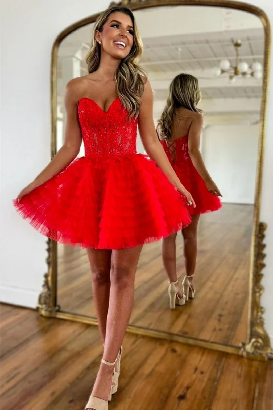 Hurry In Red A-Line Sweeteart Lace Up Back Short Tulle Homecoming Dress
