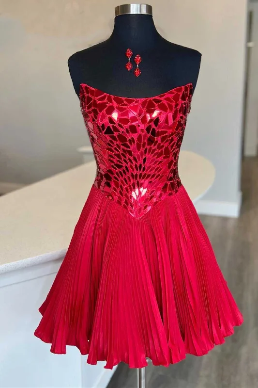 Super Sale Red Cut Glass Mirror Strapless A-Line Gathered Party Dress