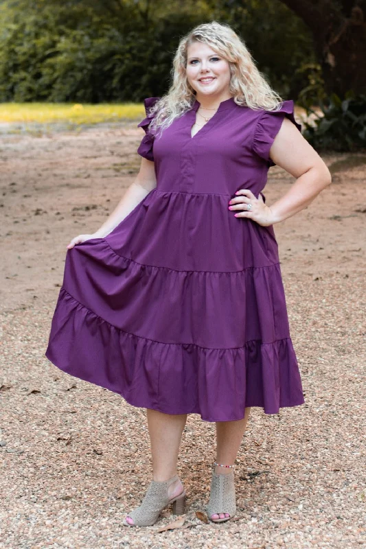 Sneak Peek Sale V-Neck Ruffle Sleeve Tiered Midi Dress with Pockets in Plus Size by Entro Clothing