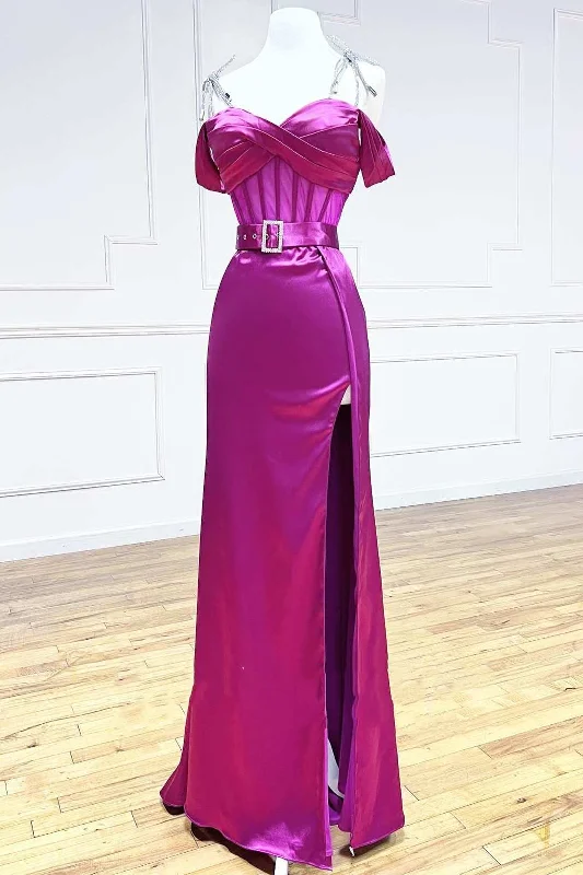 Limited Quantity Magenta Sweetheart Belted A-Line Prom Dress with Slit