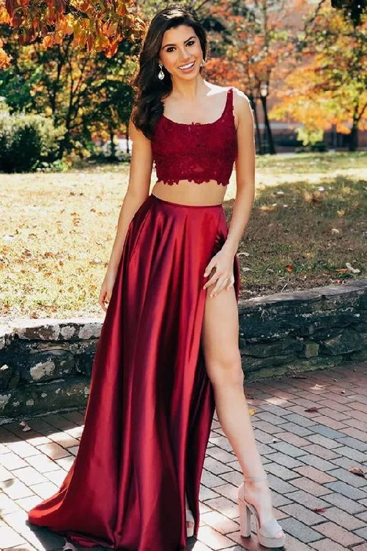 Exclusive Savings Two Pieces A Line Lace High Split Prom Dresses Evening Dresses N1579