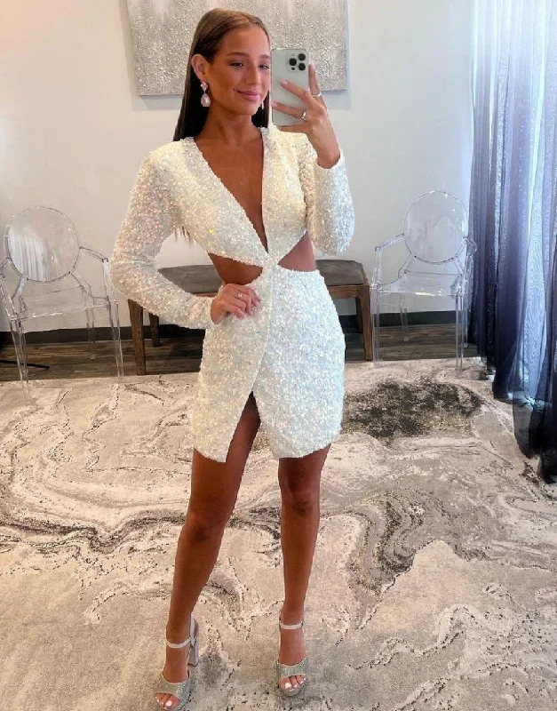 Deal of the Week White Sequin Long Sleeves Cutout Waist Homecoming Dress
