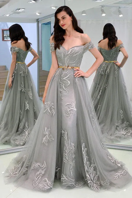 Customer Appreciation Sale A Line Appliques Off-the-Shoulder Gray Tulle Prom Dresses N1833